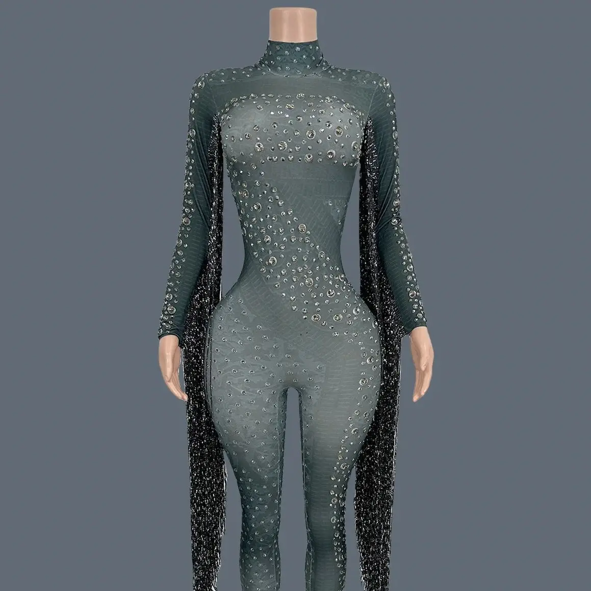 Spandex Tight Fitting Sexy Elastic Jumpsuit Shining Rhinestone Tassel Bodysuit Party Night Club Stage Performance Outfit Guoqing