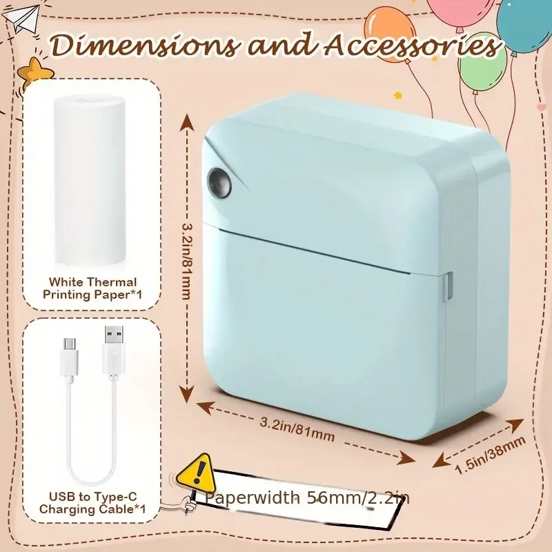HUIJUKEJI Mini Printer, Portable Inkless Thermal Sticker Printer with 1 Roll of Thermal Paper, Wireless Note Printer, Ideal for Photos, Journals and Memos