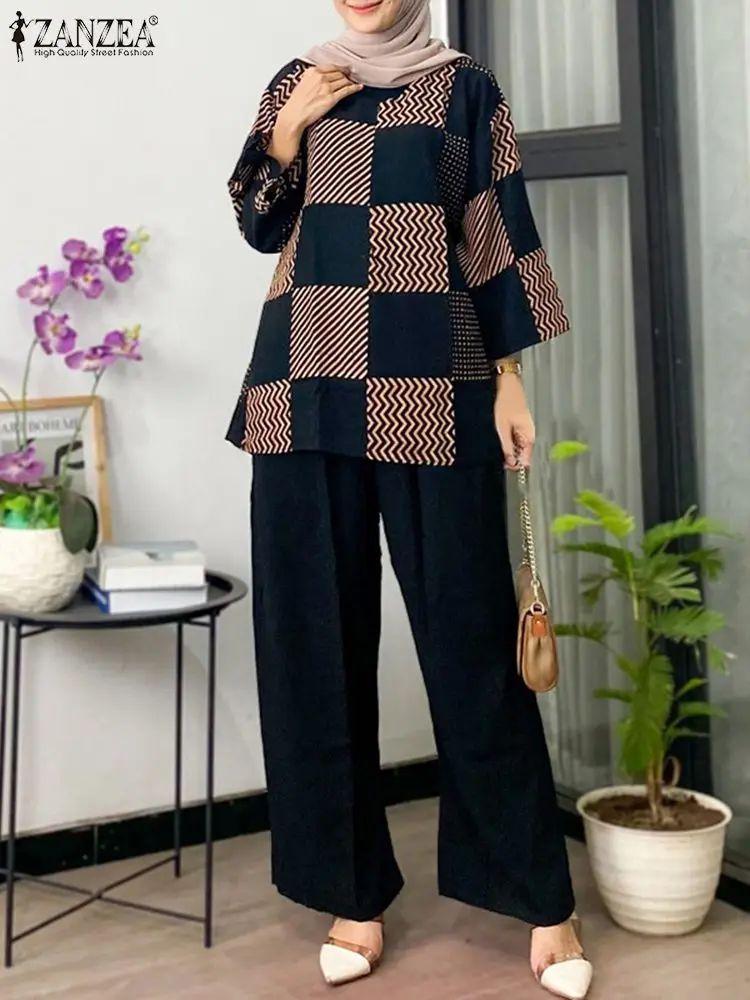 ZANZEA Muslim Fashion 2024 Autumn Matching Sets Printing Tops Casual Women Loose 2pcs Outfits Wide Leg Trousers Suits Pant Sets