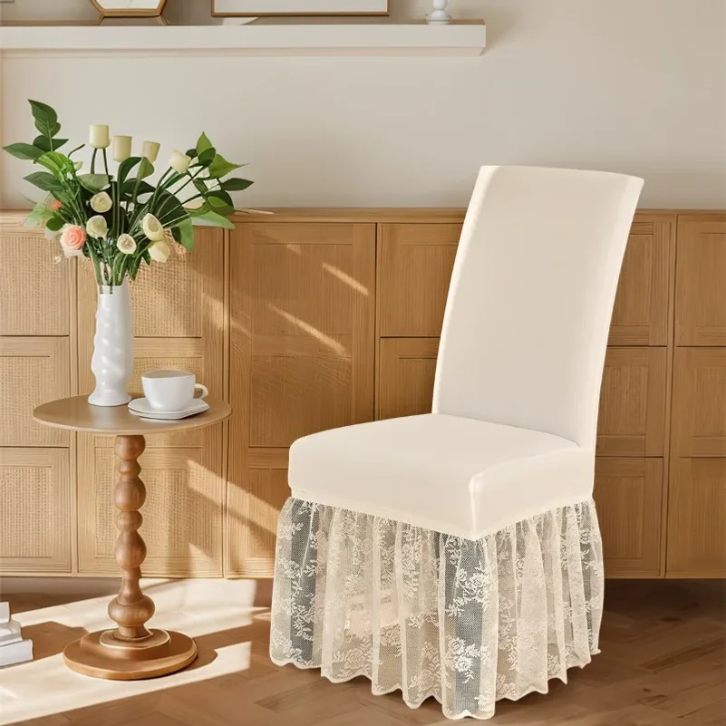 Milk-Silk Fabric Chair Cover Lace Trim Skirted Dustproof Non-Slip Decorative Seat Cover Minimalist Luxury Style Chair Protector
