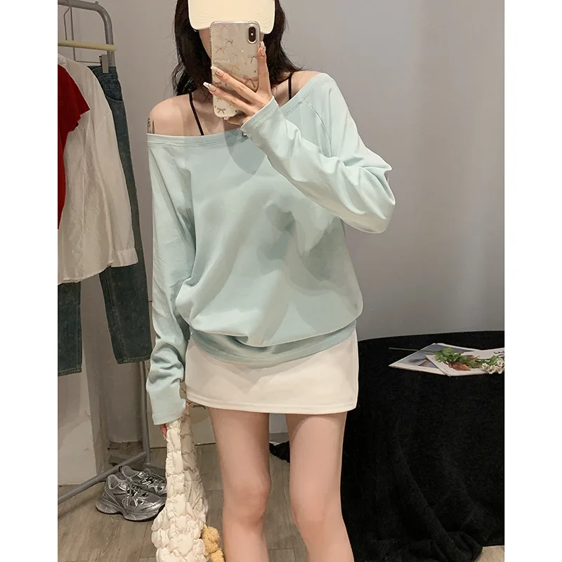 

Milk Green Slant Shoulder Pure Desire Sexy Off Shoulder Long Sleeve T-Shirt Women Early Autumn