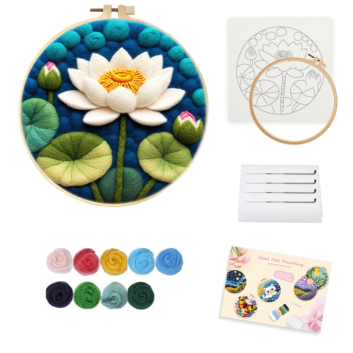 

RUOPOTY 1 Pack lotus pattern DIY Wool Felting Painting With Embroidery Frame Handmade Needle Wool Painting Picture For Home Art