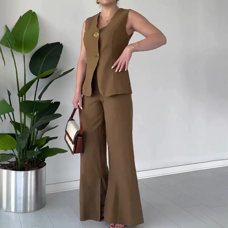 แฟชั่นแขนกุดสีทึบเสื้อกั๊ก Top Flared กางเกงชุดลําลองฤดูร้อน V คอผู้หญิงเดินทางธุรกิจอย่างเป็นทางการเสื้อผ้า