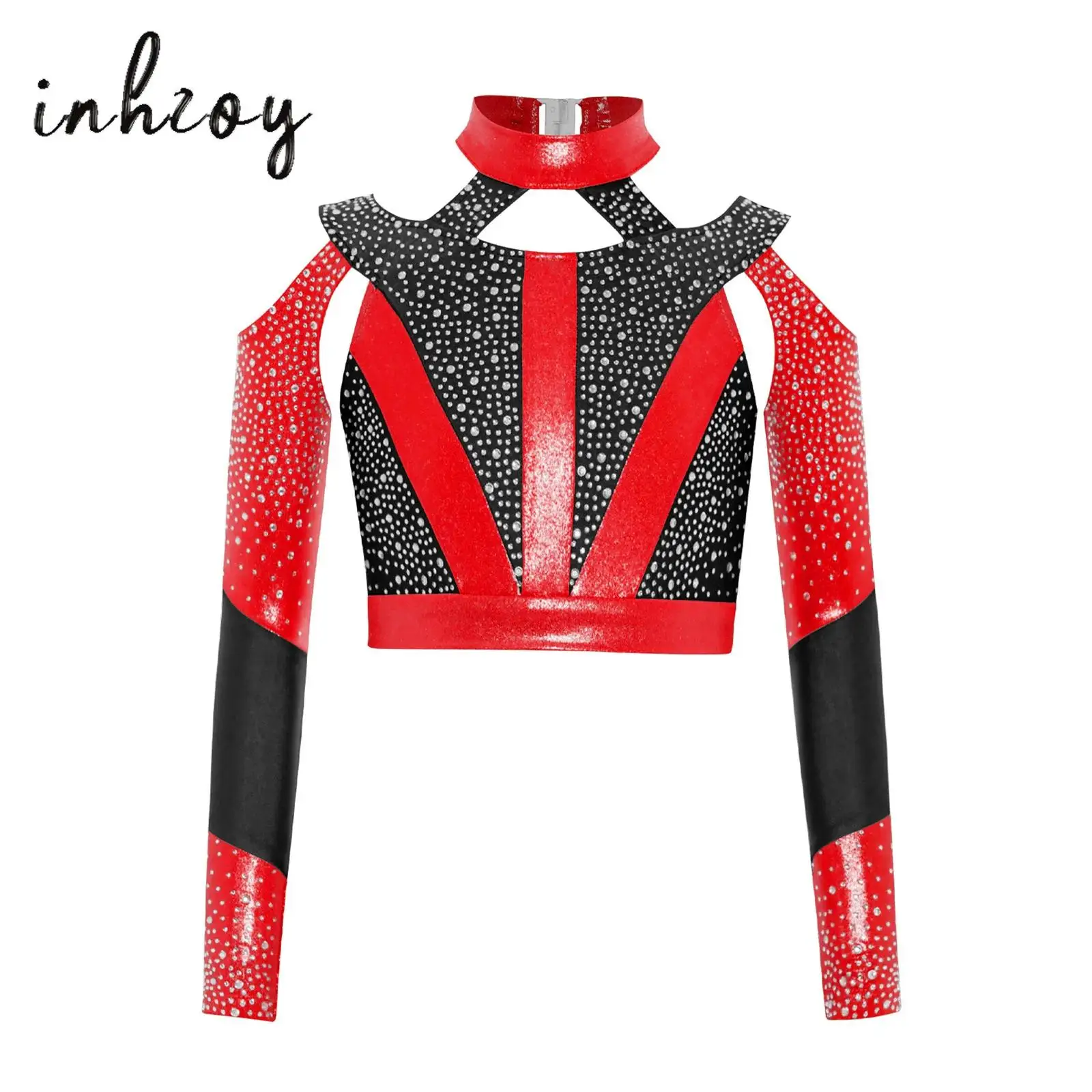 Kids Girls Gymnastics Acrobatics Dance Top Long Sleeve Shiny Rhinestones Color Block Cross Back Cutout Crop Tops Belly Dancewear