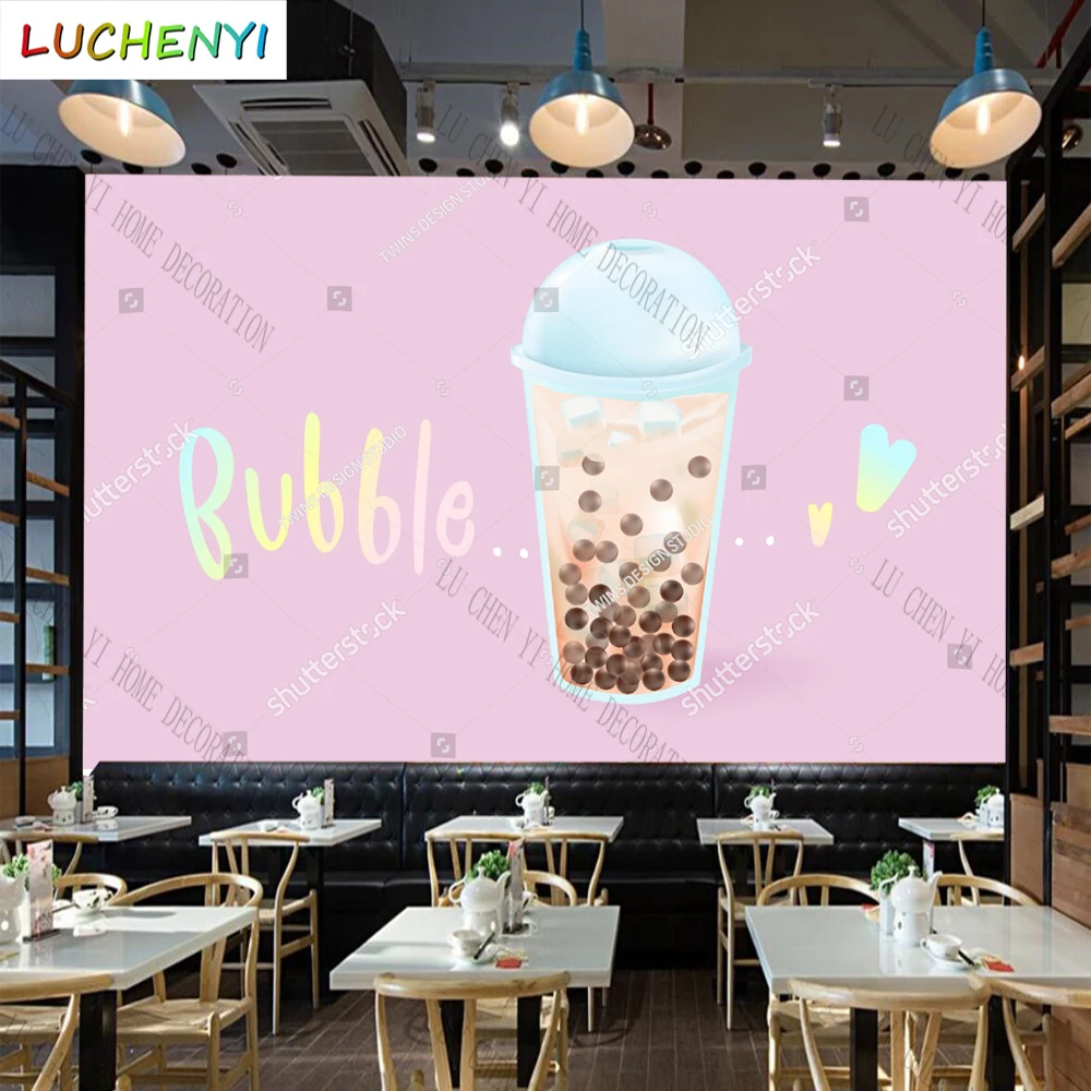 Custom cartoon bubble tea BOBA mural wallpaper restaurant ice cream drinking shop dining room wall papers home decor sticker