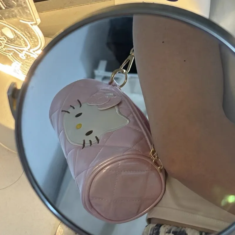 Miniso Y2k Hellokitty Cylinder Girls Bags Kawaii Kitty Cat Shoulder Bag Metal Chain Strap Japan Style Handbag Pink Bag For Women