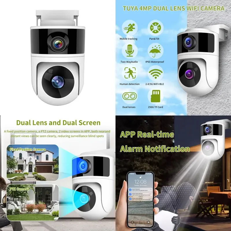 4MP dual lens IP65 waterproof wireless automatic track pan title wireless outdoor camera, two-way audio support 256G tf card