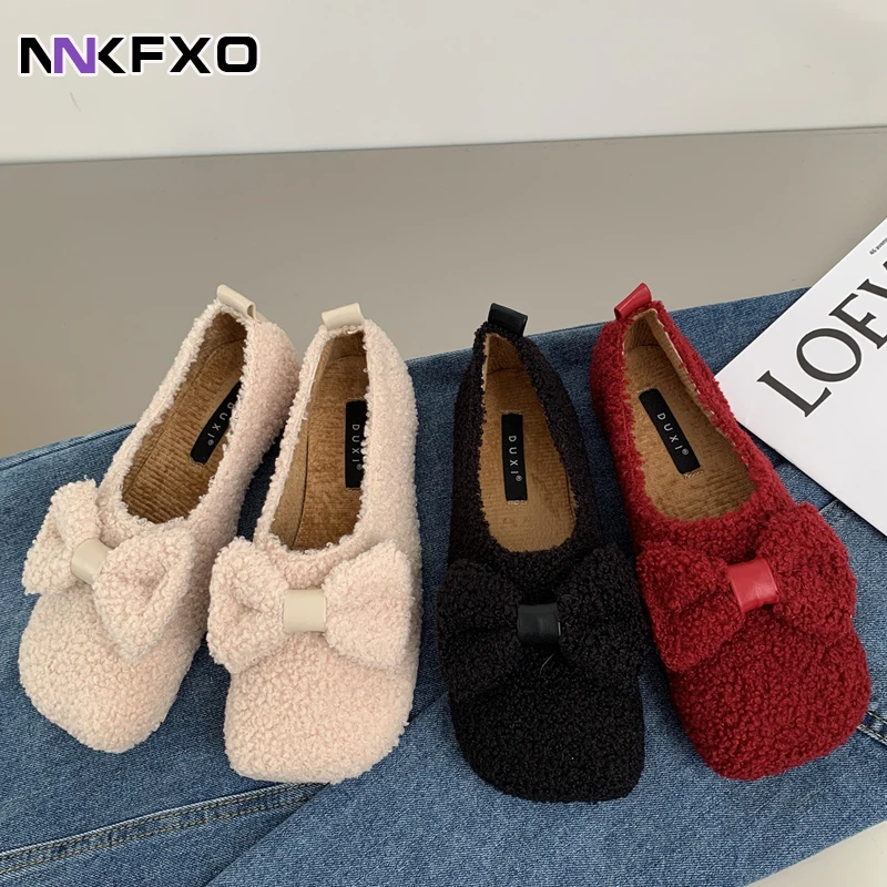 

Big Size Silk Bow-knot Fur Flats Woman Sneakers Winter Cotton Shoes Women Plush Loafers Curly Sheep Wool Moccasins Vc4410