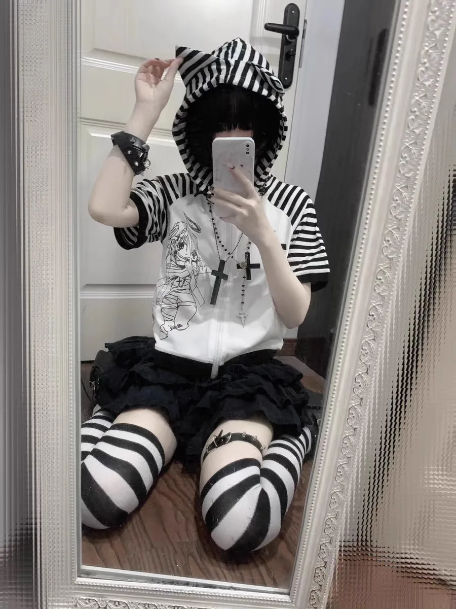 Japanese Striped Short Sleeve  Tops with Hooded Little Coat Summer 2024 for Girls Subculture Black White Cat Ear Cute T Shirts