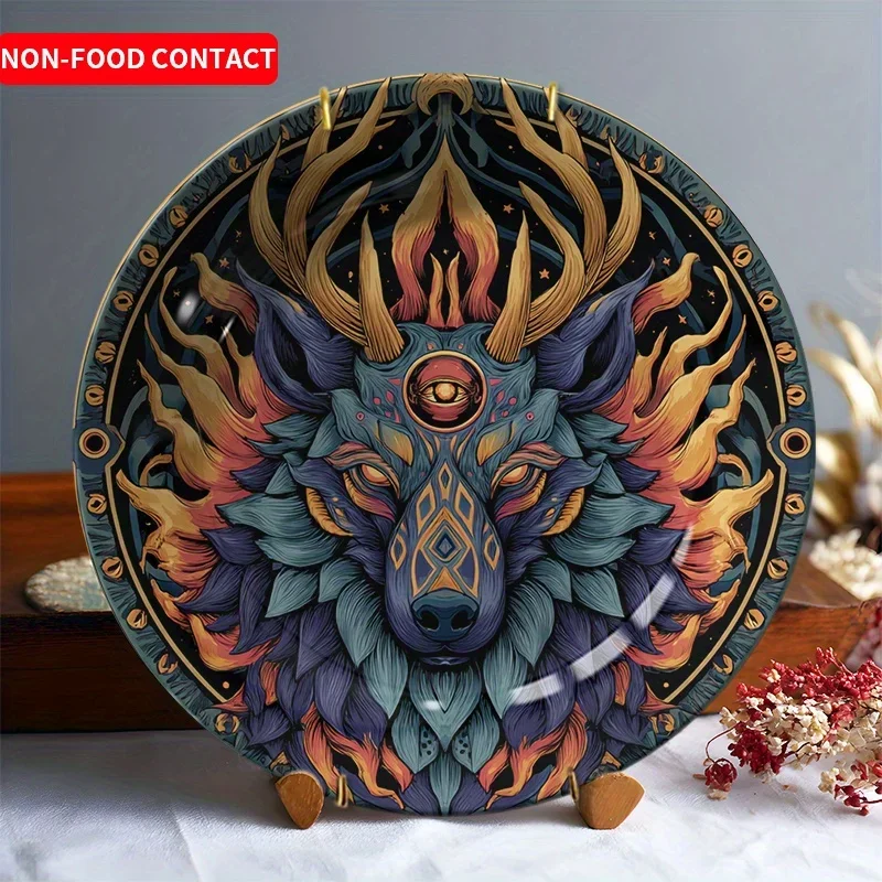1pc Nordic Wolf Head Ceramic Wall Art Plate - Modern Minimalist Home Decor, Vibrant Blue & Golden Design, Non-Food Contact,