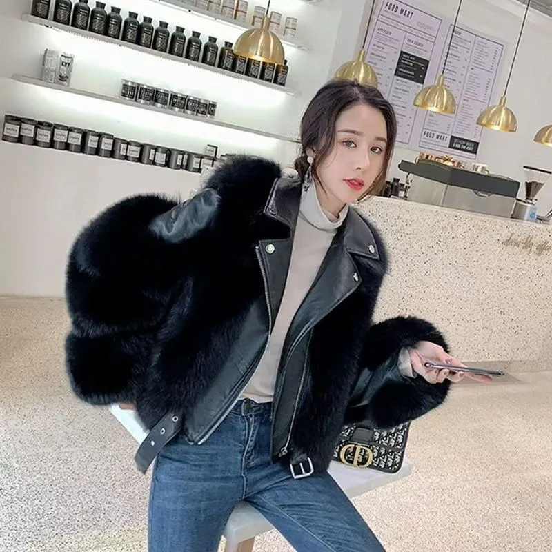 Abrigo corto de piel de zorro y piel de oveja para mujer, chaqueta de moto de piel de zorro completa, de lujo, a la moda, novedad de invierno 2022