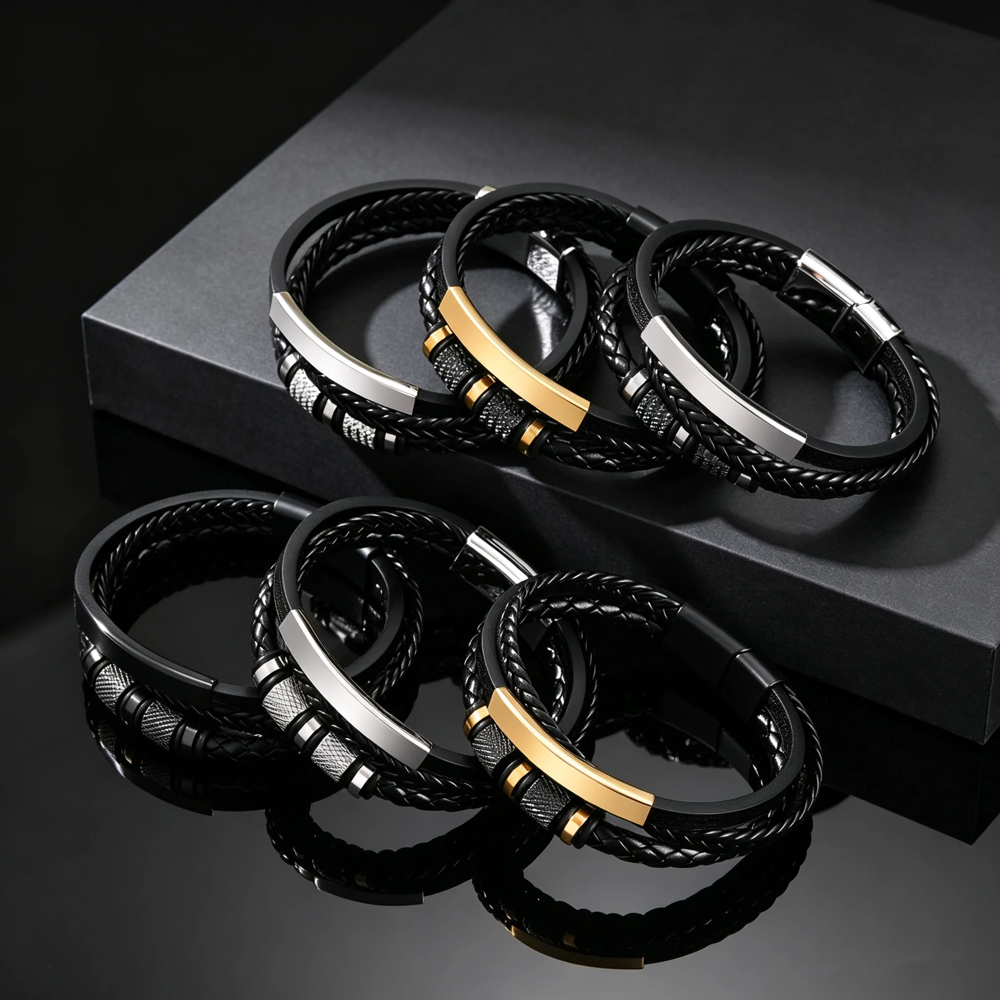 Triple Layer Handmade PU Leather Braided Bracelet for Men, Stainless Steel Tube Charm Bracelet, Jewelry Gift for Husband Dad