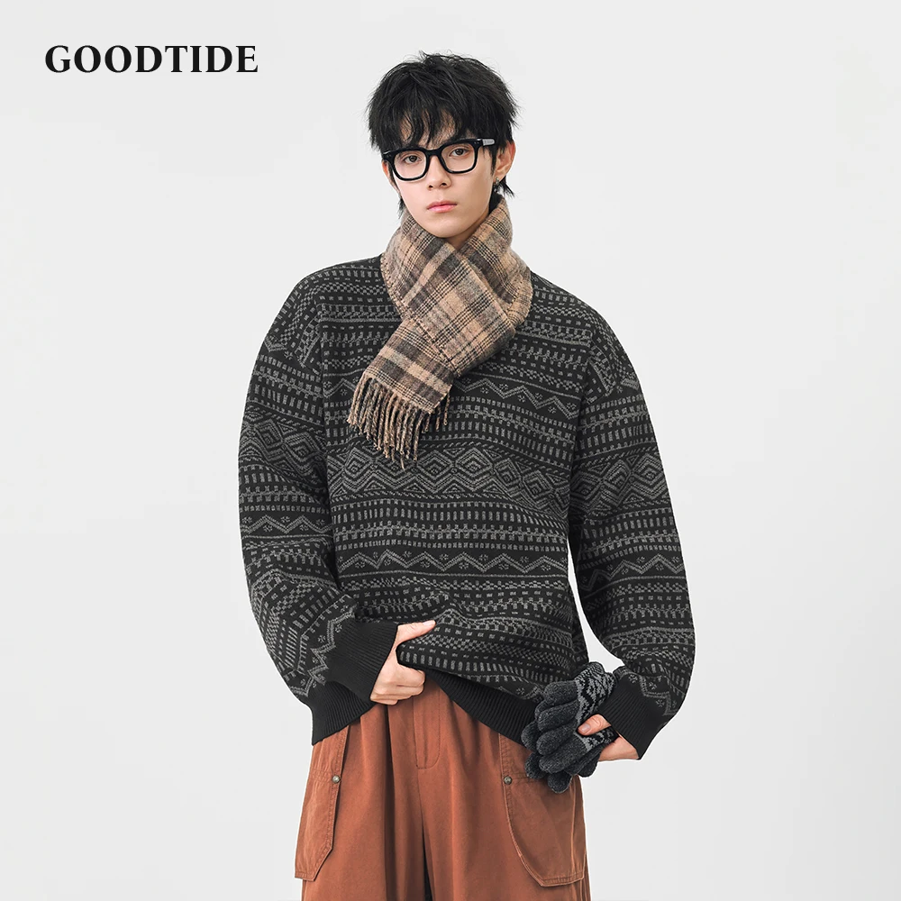 

Fashion Men's Casual Crew Neck Sweater 2025 Winter New Ethnic Pattern Knitted Pullover Comfortable Soft Long Sleeve Jumper Top