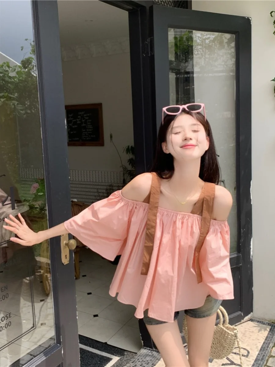 

Summer 2023 Women's Loose Fit Color Blo oulder Bared Bubble Sve irt Casual Versatile Commute Sle Cotton Blend Top