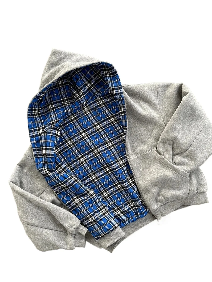 Korea Double-Sided Plaid Loose Zipper Hoodie Men Women Y2K Harajuku Hip-Hop Gothic Couple Casual Joker Sweatshirt Street Wear