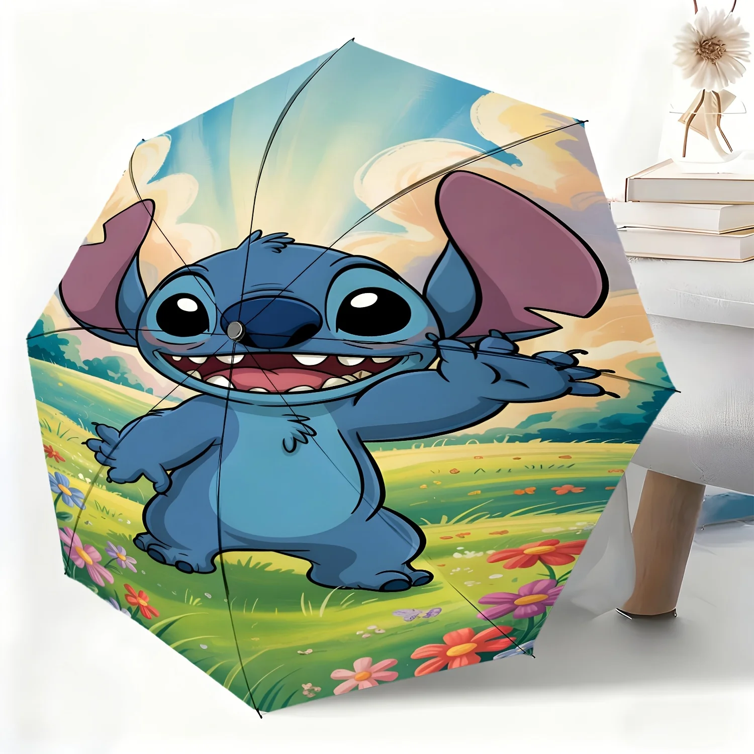 

1pc Disney Stitch Cartoon Character Automatic Umbrella, All-Weather Folding Umbrella Suitable for All Occasions, Portable Comp