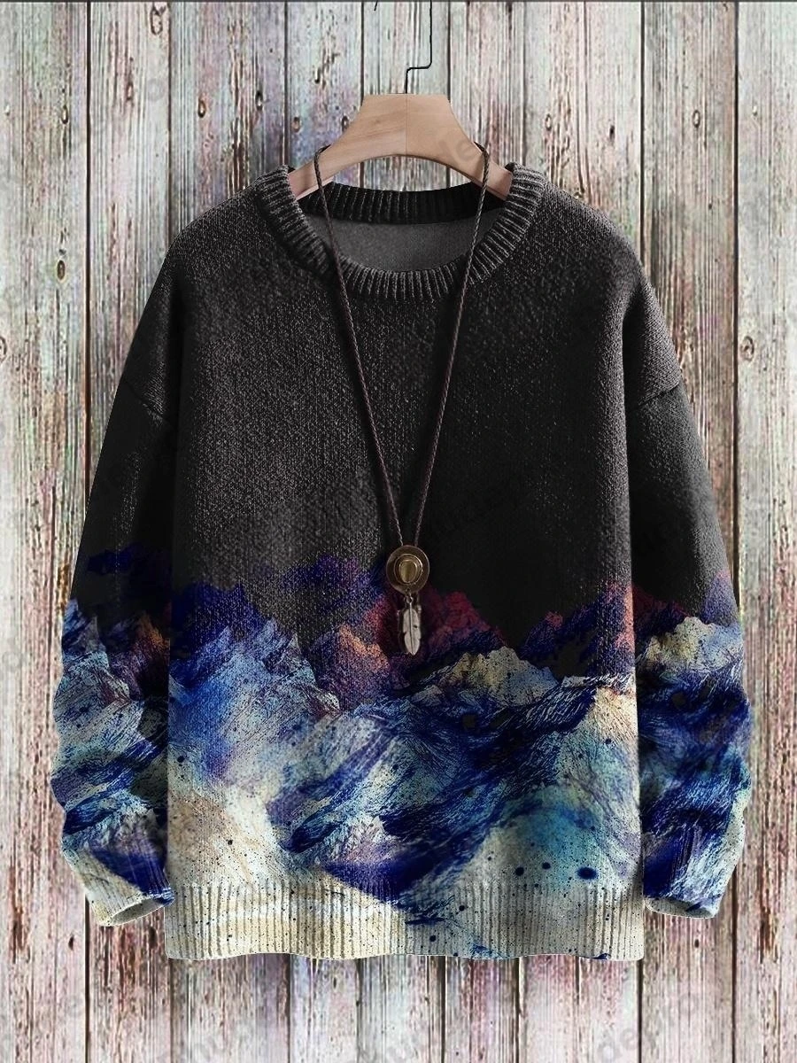 Funny Cat Play Music Moon Cow Art Pattern 3D Printed Men's Knitted Pullover Winter Unisex Casual Knit Pullover Sweater