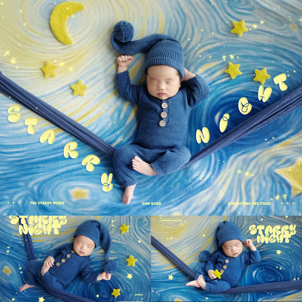 

Blue Knitted Baby Jumpsuit+Long Tail Hat Set Photography Costume Stars Moon Starry Night Theme Baby Photo Shoot Background Props