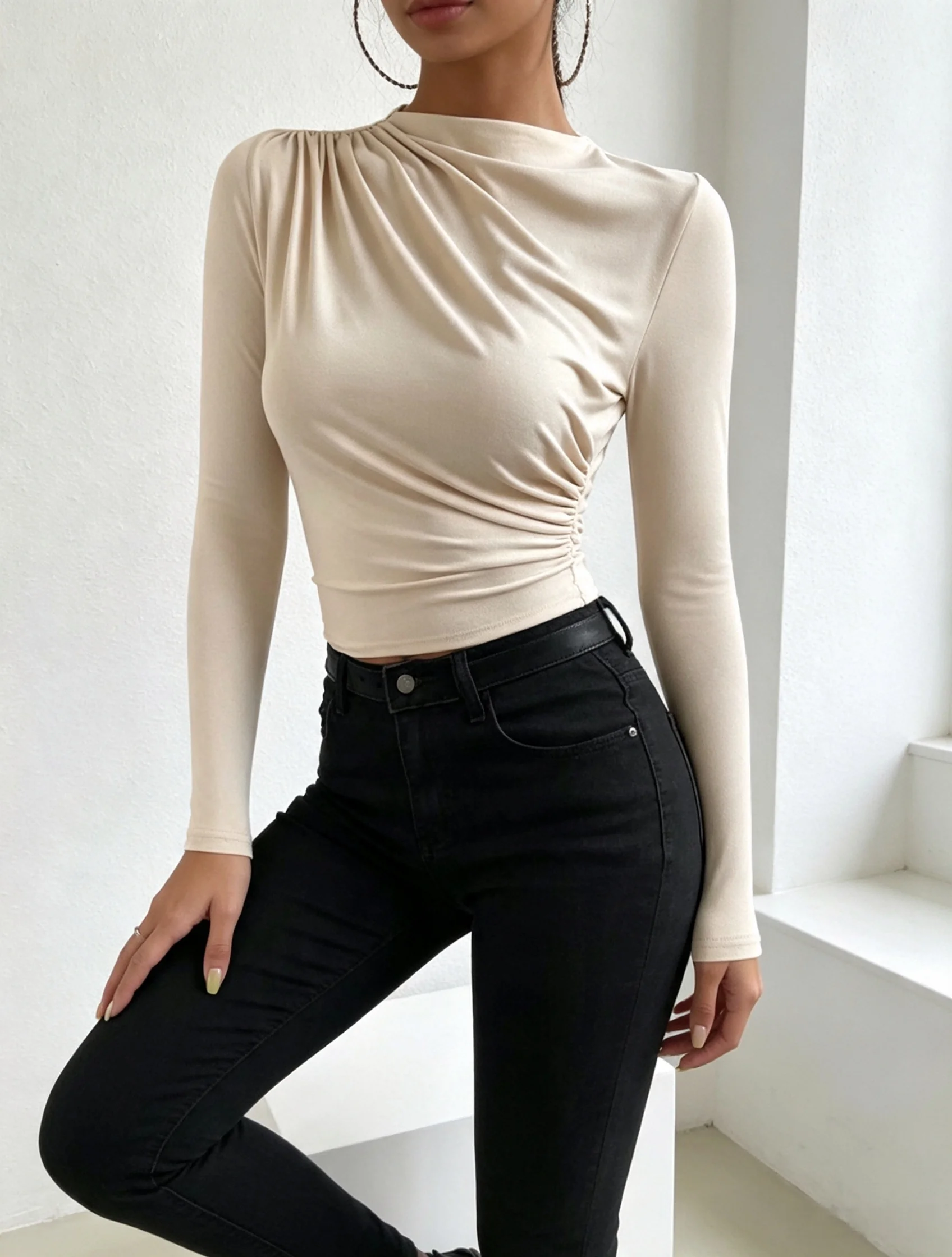 Women Beige Ruched Long Sleeve Crop Top Mock Neck Draped Slim Fit Elegant Solid Casual Slim Basic Shirt