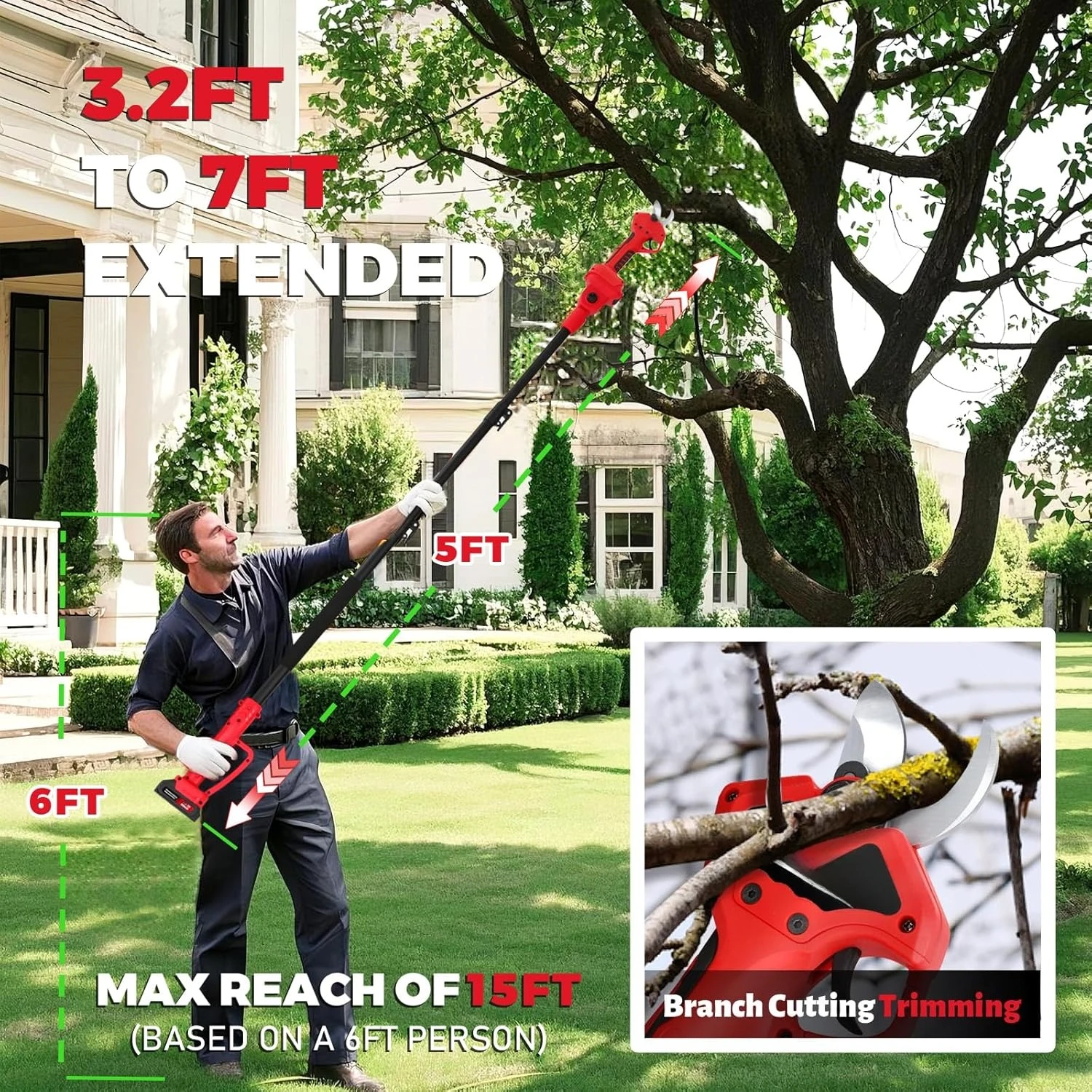 

Electric Pruning Shears with 6 FT High Reach Extension Pole,2-IN-1 with Brushless Motor,1.2", 2pcs 2.0AH Battery (2 Set Blades)