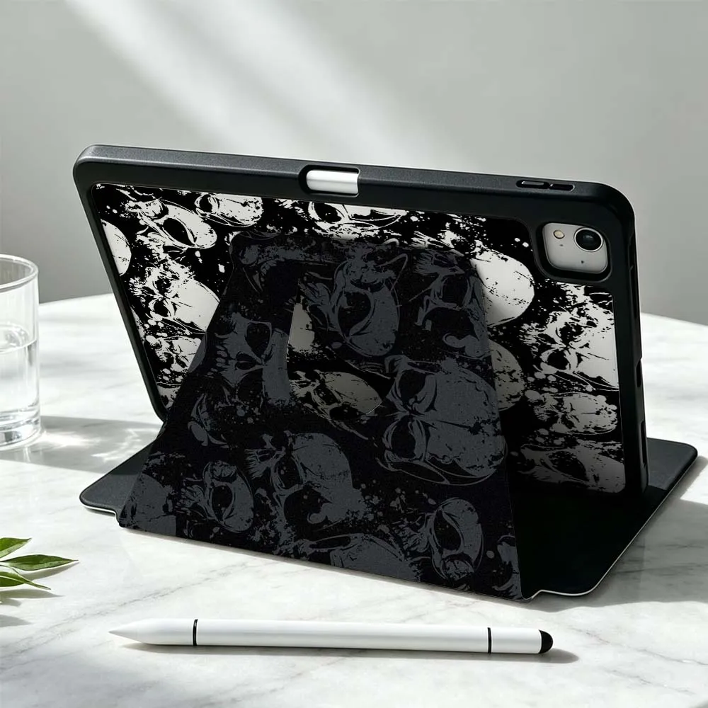 Black Skull Pattern For iPad Pro Air mini 6 5 4 12th M5 M4 M3 M2 A16 A17Pro 360° Rotation Stylus Storage Tablet Case Soft
