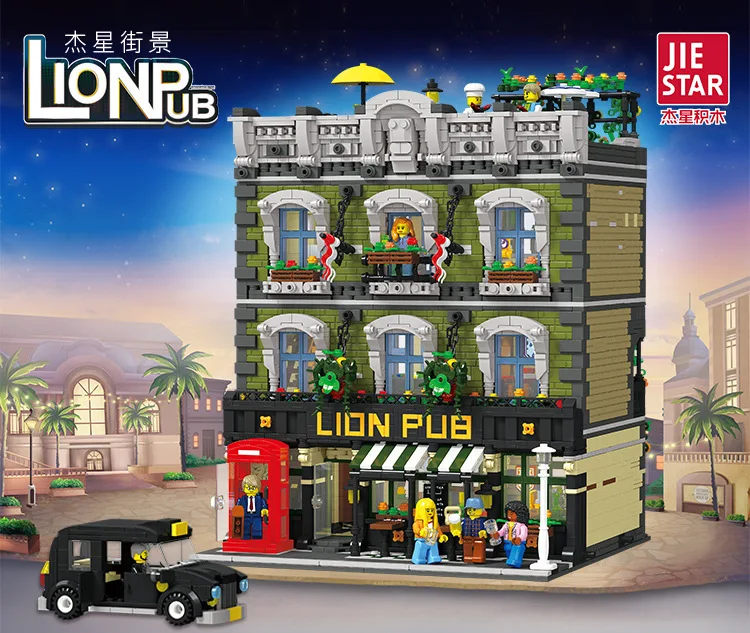 ​Lion Bar Commercial City Street View Architecture 89107 Creative Small Particle Assembly Model Building Blocks Toy