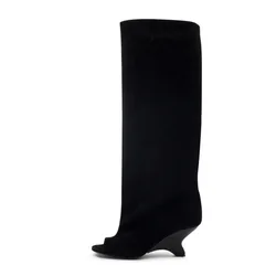 New European and American Slim Fit High-heeled Women's Knee High Boots, Fashionable Pointed Shark Boots, Size 43 Thigh Boots