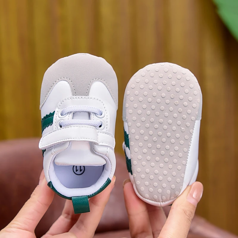 Frühlings- und Herbst-Babyschuhe, farblich abgesetzte, gestreifte Babyschuhe mit Klettverschluss, Lauflernschuhe mit weicher Sohle für Neugeborene, 0–12 Monate, Schuhe für Jungen und Mädchen – Detail 13
