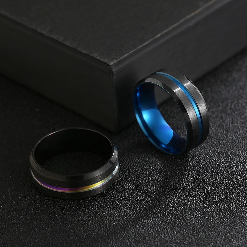 موضة 8 مللي متر الفولاذ المقاوم للصدأ الأسود الأزرق خط الدائري للرجال الصلب خواتم ملونة صبي النساء المجوهرات هدية korца anillos #5