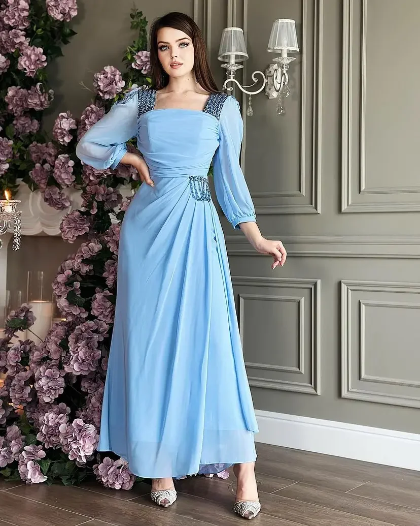 

Fairytale Saudi Arabia Prom Dresses Women Long Sleeves Square Evening Dresses Beadings Pleated Chiffon Sequins Ankle Length Part