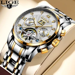 LIGE Fashoin Luxury Mechanical Man Watch Business Stainless Band Automatic Tourbillon Watches Waterproof Date Clock Wristwatches