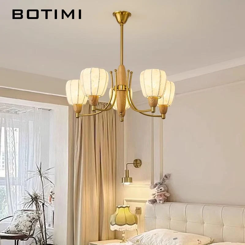 BOTIMI Home DECO Natural Wood Chandelier With Cloth Lampshades For Foyer Designer Solid Wood Bedroom