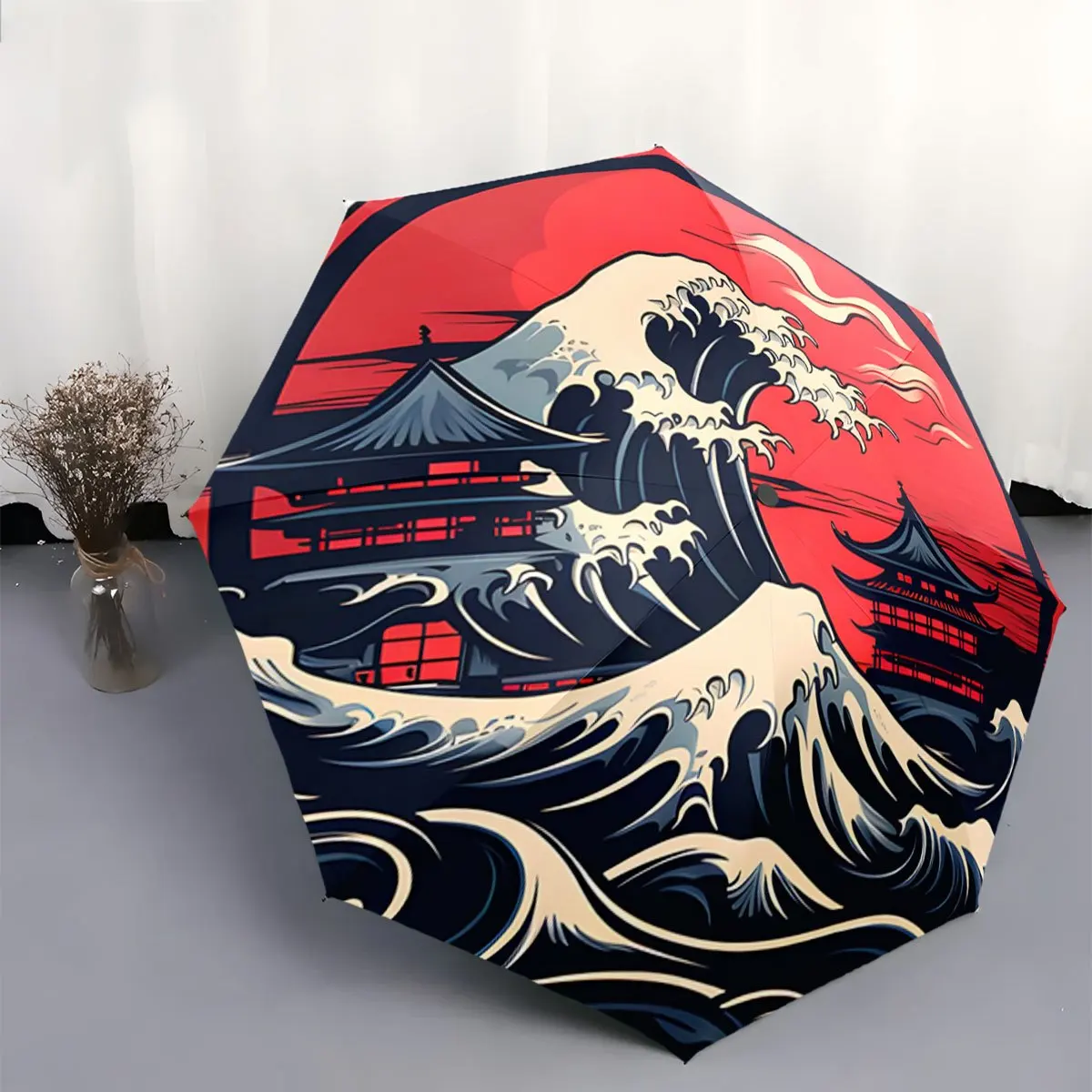 

Folding Umbrella The umbrella features a dramatic ocean wave pattern inspired by "The Great Wave off Kanagawa, " with traditio