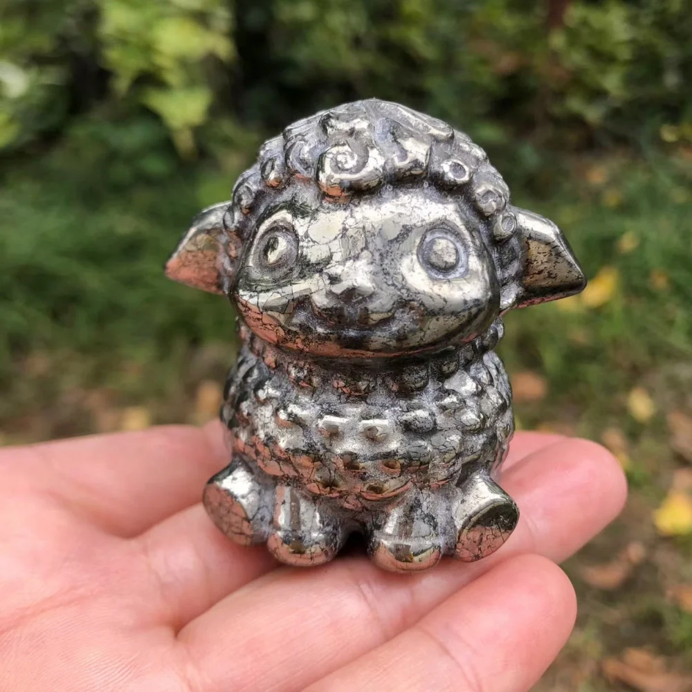 5.2cm Natural Pyrite Crystal Sheep Lamb Carving Cute Animal Figurine Reiki Healing Stone Home Office Decor Gift