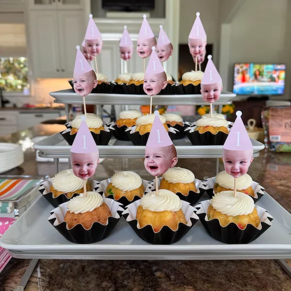 Personalized Custom Face Cupcake Toppers 12 Pcs Photo Topper Fun Party Hat Cupcake Topper for Birthday Decoration Party Favors
