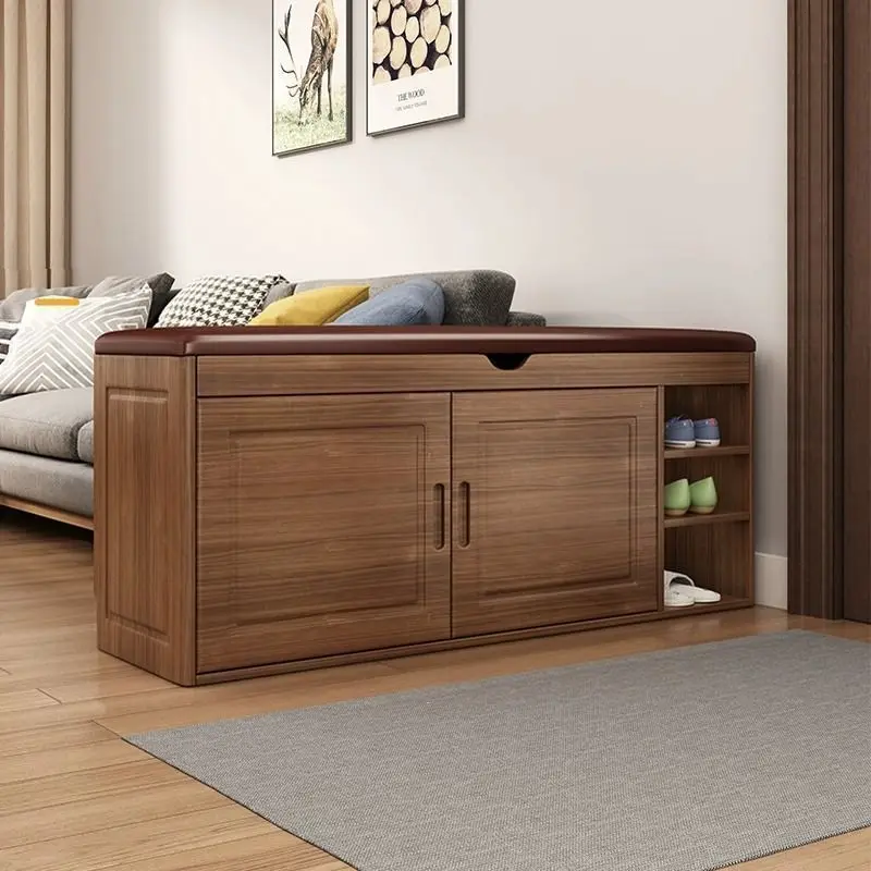 Solid wood shoe cabinet household changing stoo can sit stool entrance storage integrated  rack free installation