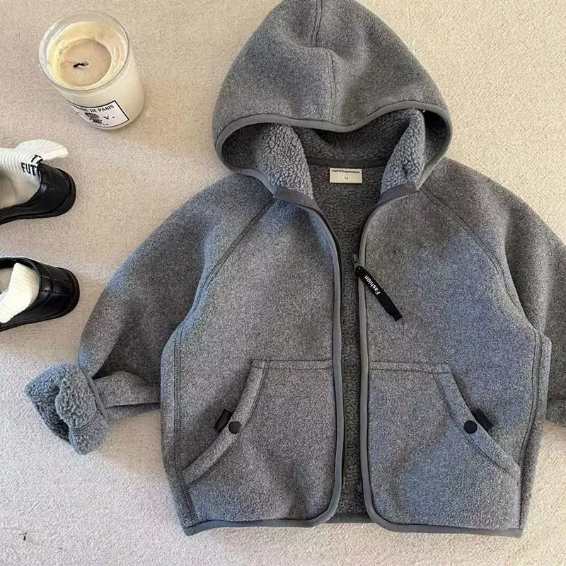Boys Girls Warm One Piece Fleece Hooded Coat 2026 Casual OuterwearTrendy Velvet Liner Kids Hoodie Sweatshirt For 2-12Y Daily