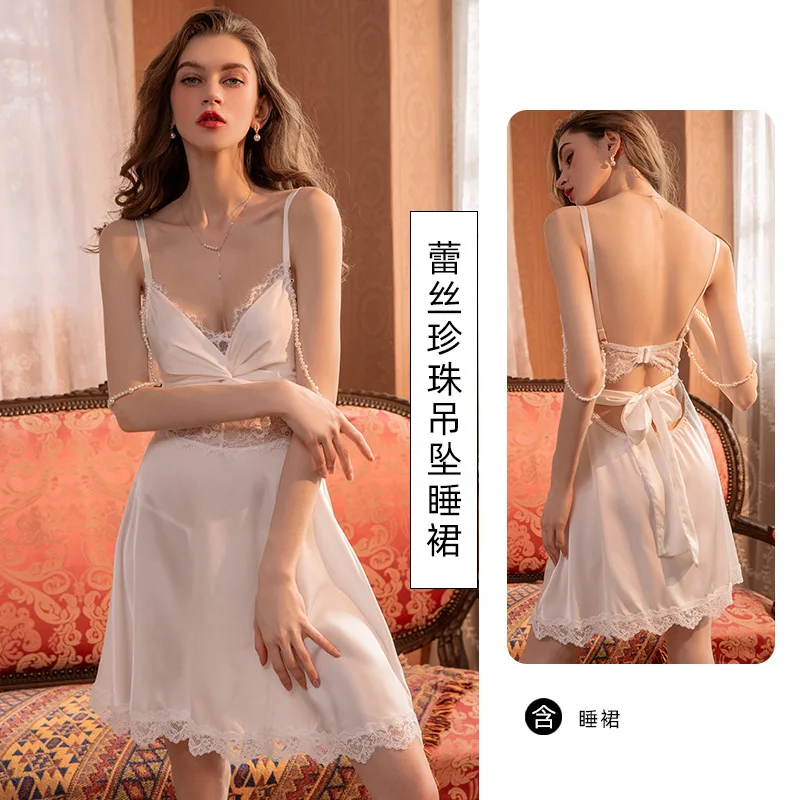 3023Women's Nightdress Light Luxury Desire plus Size Can Be Worn outside Underwear Lace Strap Pearl Dress