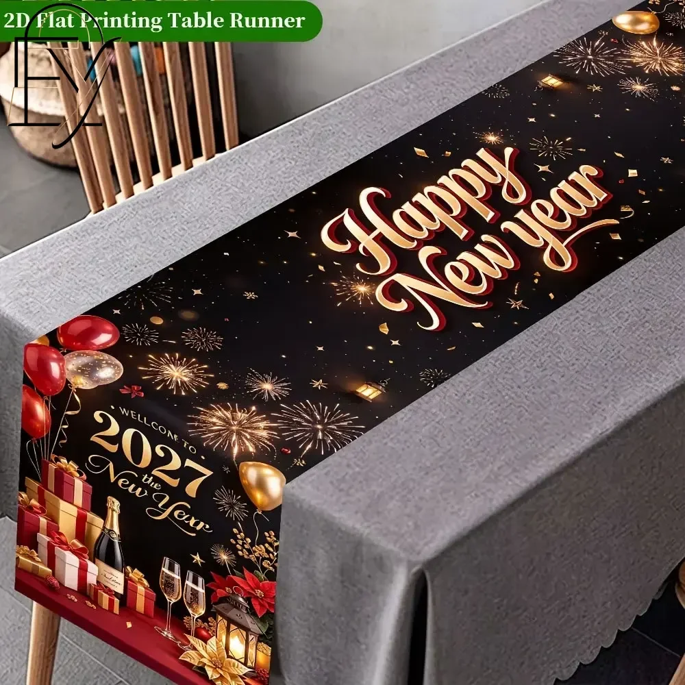 Happy New Year Runner 2027 Firework Champagne Tablecloth Black Gold Sparkle Midnight Countdown Dinner Party Table Decor Scarf
