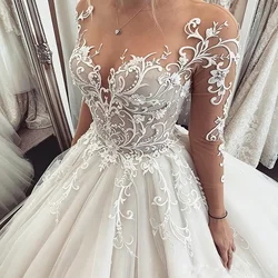 Long Sleeve Illusion Neck Wedding Dress Lace Applique Beaded A Line Bridal Gown Sheer Back Button Cathedral Train Custom Dresses