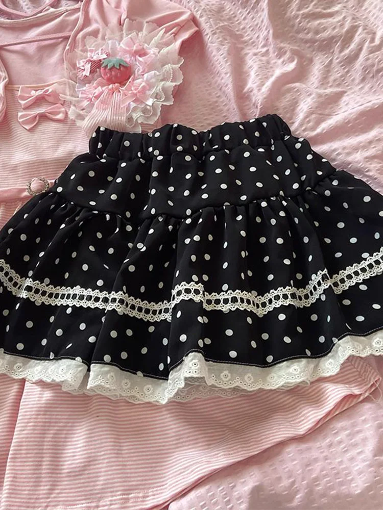 Streetwear Y2K Dot Skirt Women Vintage High Waist Harajuku Mini Cake Skirts Lace Patchwork Retro Sweet Japan Female Summer Skirt