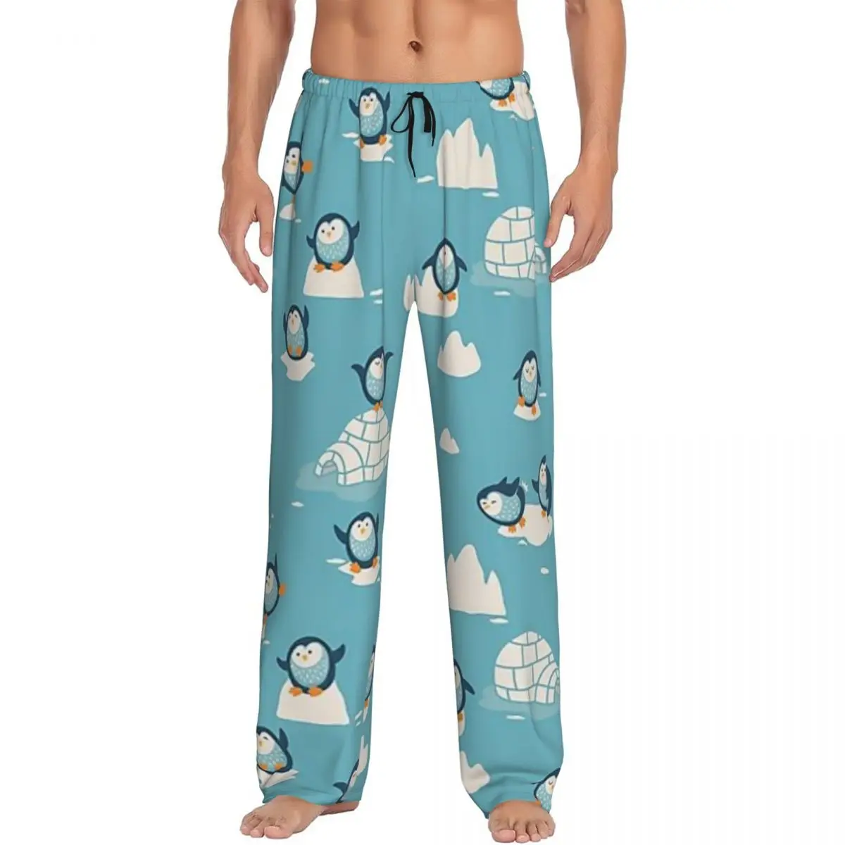 Custom Cute Penguin And Ice Snow Pattern Pajama Pants Men Sleepwear Sleep Lounge Bottoms with Pockets