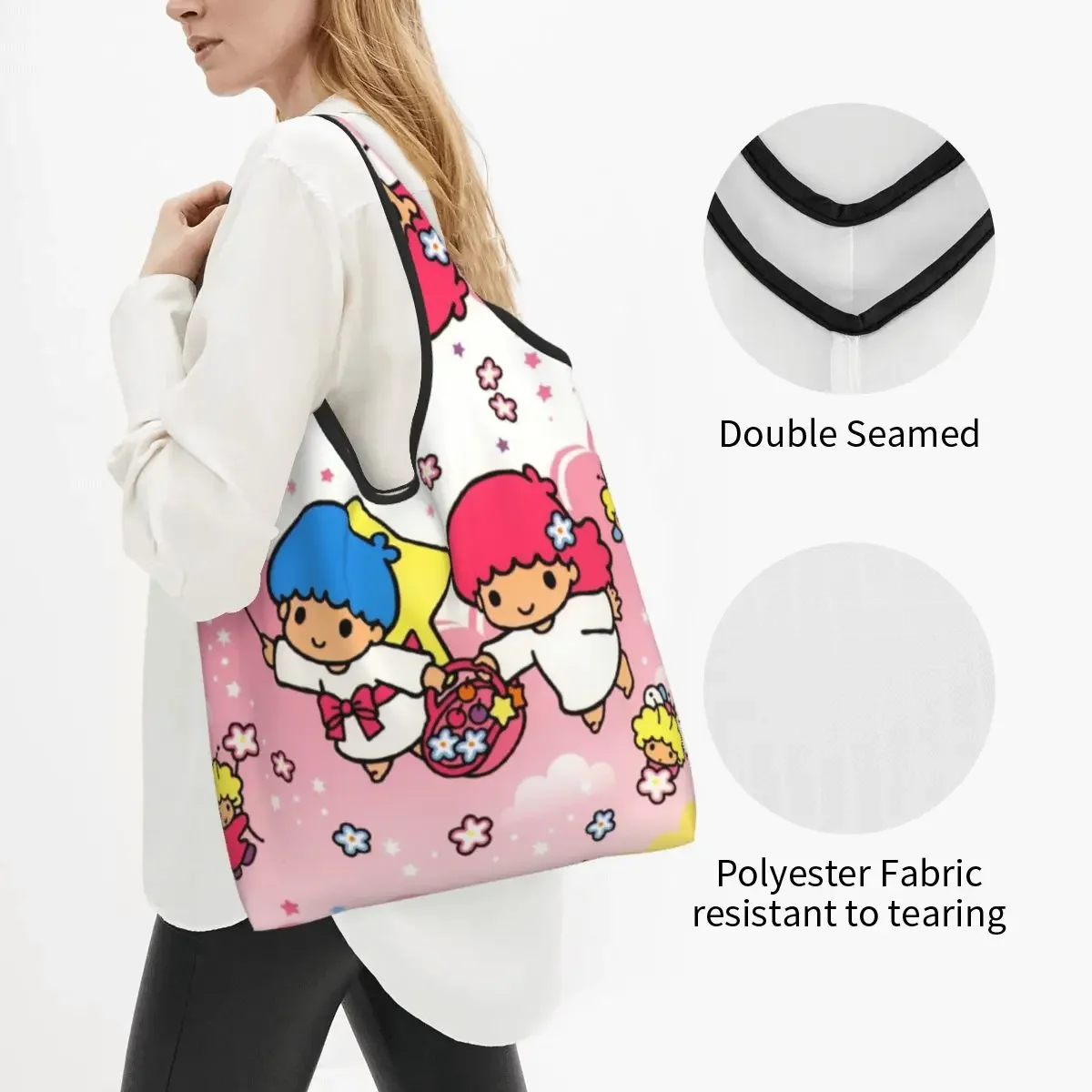 Custom Cute Little Twin Stars Sanrio Cartoon Kiki Lala Shopping Tote Bags Portable Grocery Shopper Shoulder Bag