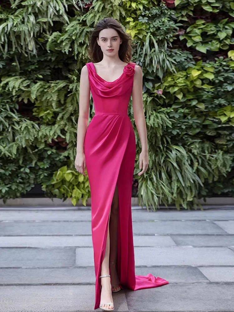 

Acetate Satin Red Rose Morning Robe Engagement Celebration Evening Gown Slimming Wedding Dress Long Skirt Fashionable U-Neck