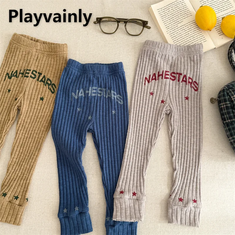 

Korean Style Spring Autumn Kids' Ribbed Leggings Yellow Blue Grey Apricot Letter Elasticity Tights Trousers Girls Pants A6035
