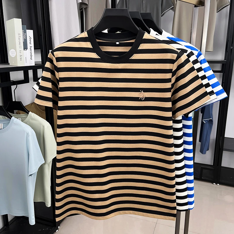 الراقية الرجال تي شيرتات قصيرة الاكمام أزياء العلامة التجارية بول المهر المطرزة الصيف مريحة عارضة الكلاسيكية مخطط جولة الرقبة أعلى #4