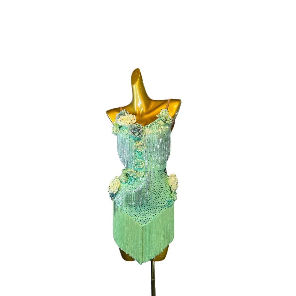 

Latin Dance Adult Children'S Dress AB Stone High-End Custom Fresh Flower Tassel Suspender Precisely Tango Women'S Clothing