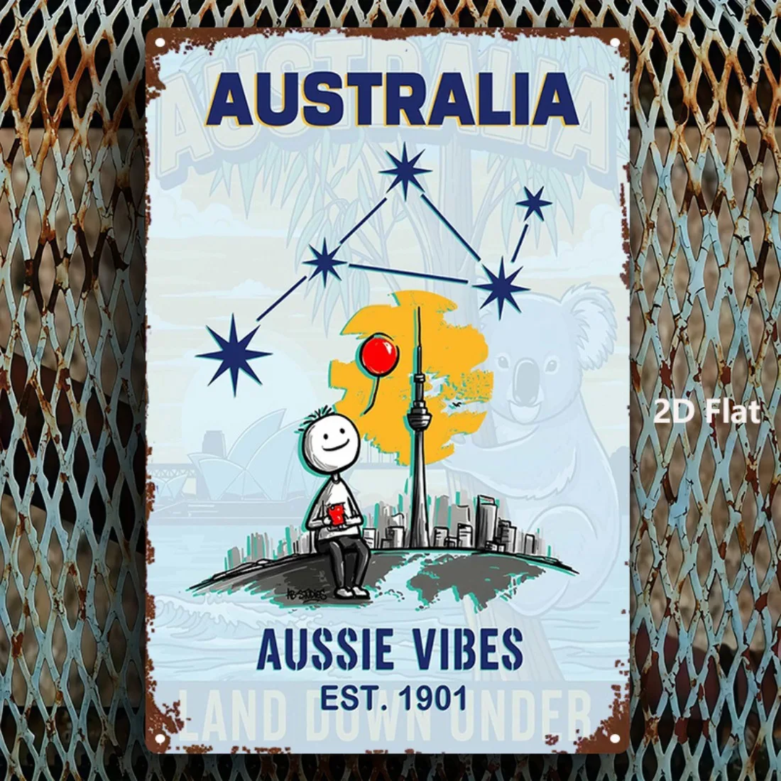 Metallschild, 2D, flach, 1 Stück, Australien, Cartoon-Illustration, Aussie Vibes, Vintage-Look, für Zuhause, Büro, Fitnessstudio, Schlafzimmer, Dekoration, Geschenk, 20,3 x 30,5 cm