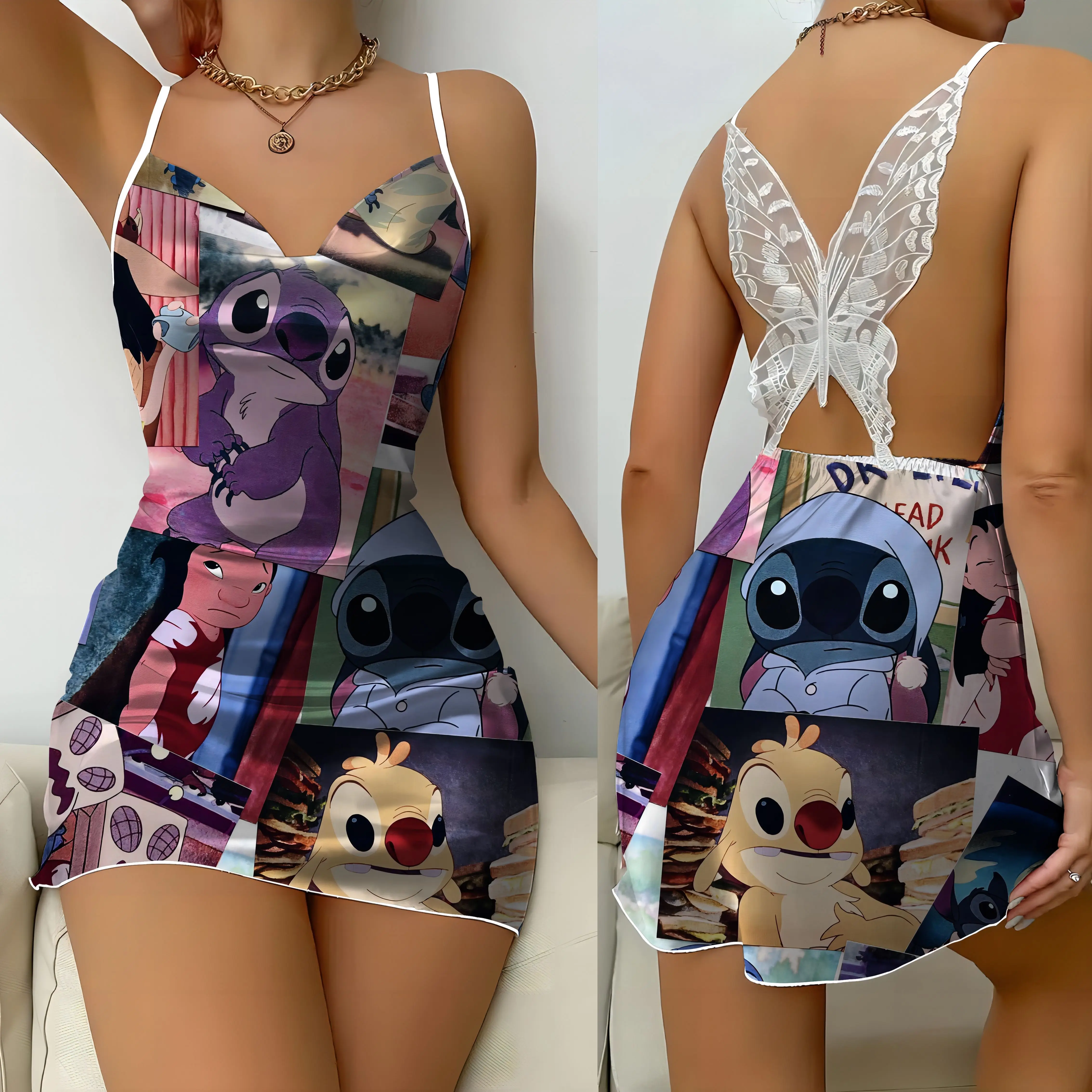 Vestido Disney sem costas com nó arco para mulheres, saia pijama, mini renda, ponto, superfície de cetim, vestidos sexy para festa, moda verão, 2024