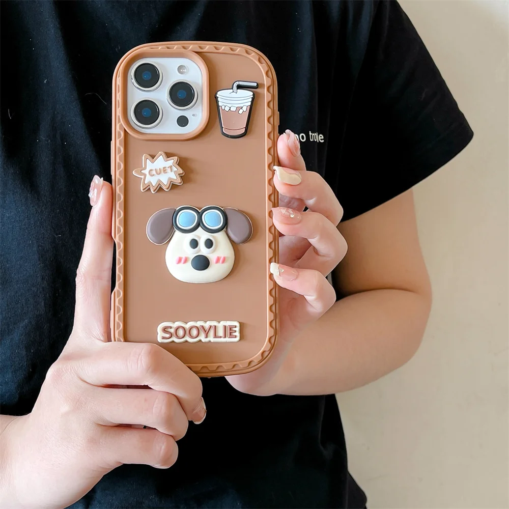 آيفون 16 15 14 13 12 برو ماكس زائد الغبار شحن ميناء قضية الهاتف الخليوي ثلاثية الأبعاد براون الكلب القهوة البصمة الغطاء الواقي